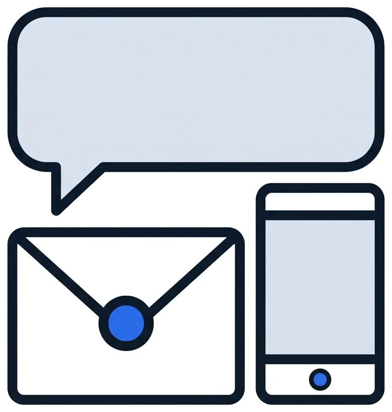 A speech bubble, an envelope and a phone