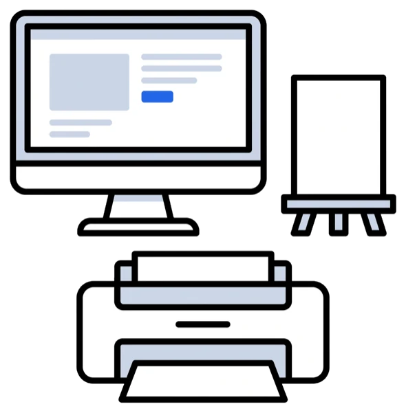 A monitor, a printed reference card on a stand, and a printer