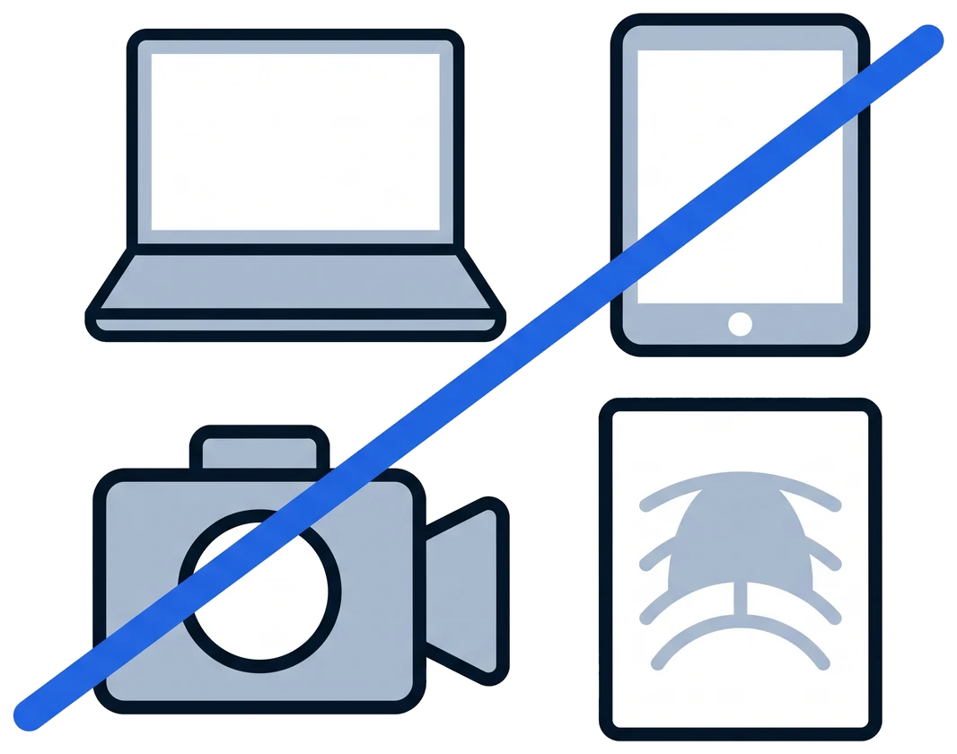 A laptop, a tablet, a video camera and an X-ray plate, all struck through