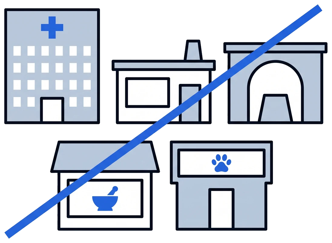 A hospital, a laboratory, an imaging centre, a retail pharmacy and a veterinary practice, all struck through
