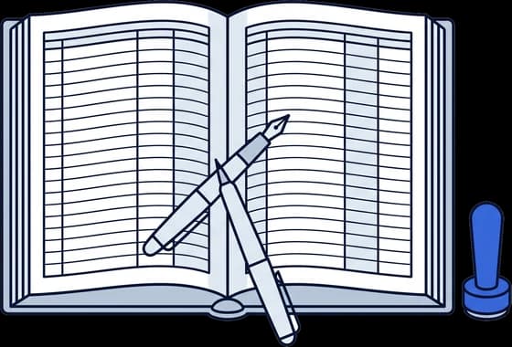 Buku daftar berkulit keras yang terbuka, bergaris dalam lajur bernombor, dengan cop dan pen di sisinya.