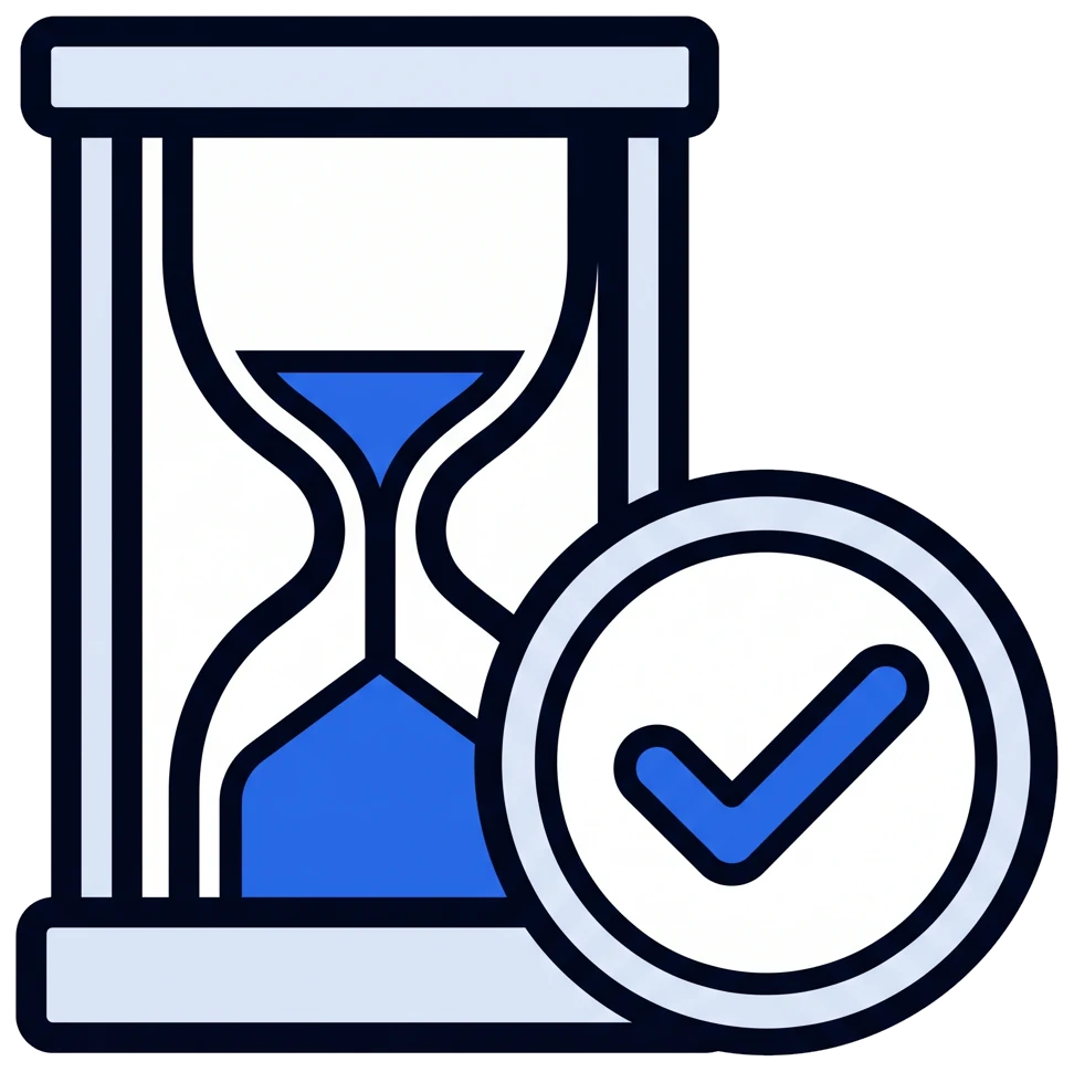 An hourglass beside a badge carrying a check mark
