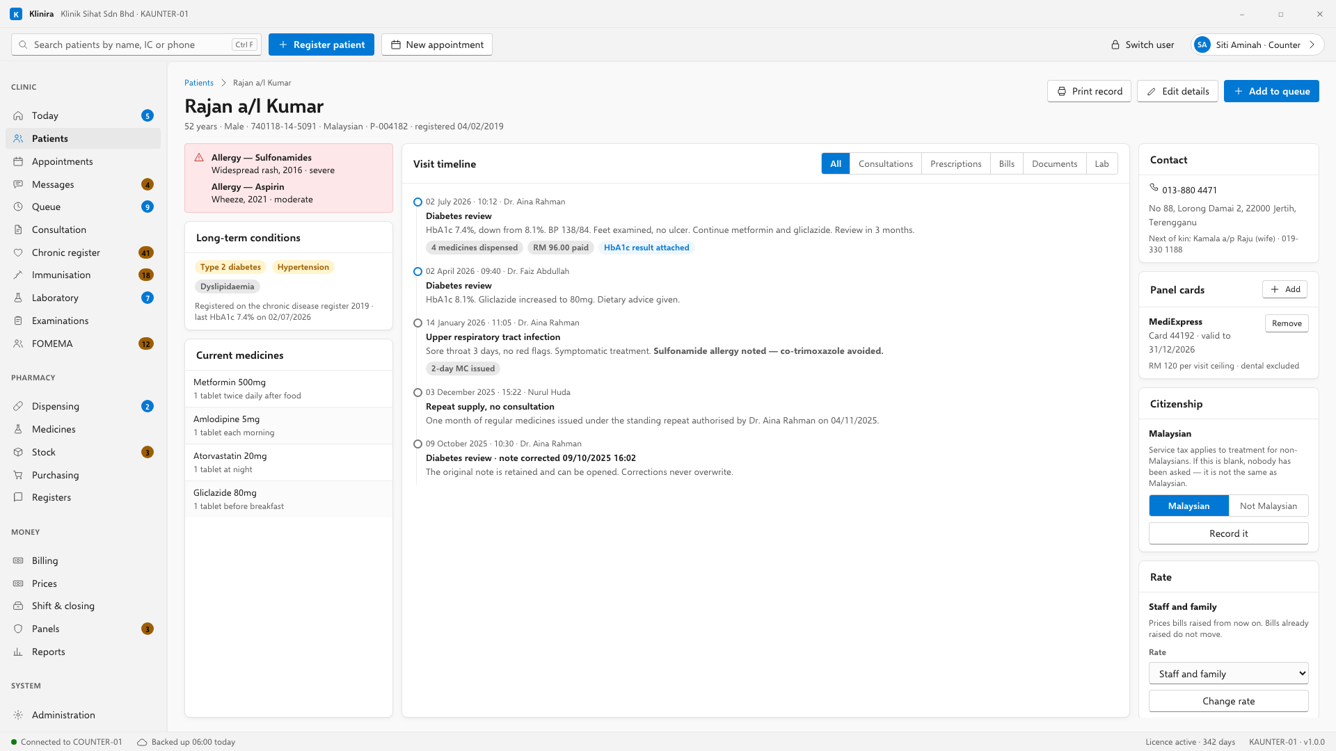 The patient profile. Allergies are at the top, never inside a tab and never collapsed. The visit history runs down the middle; contact, panel and rate are on the right.