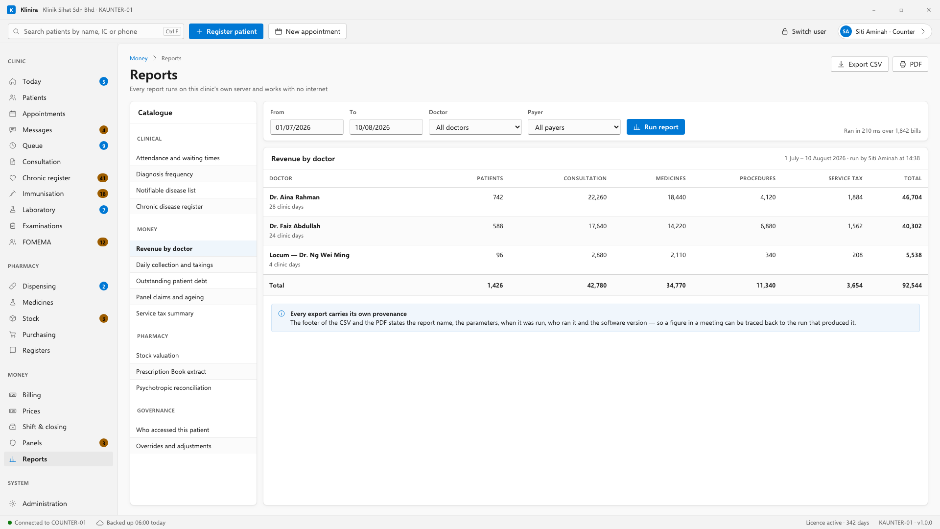 Reports. Choose one, set the dates, run it. Totals are over the whole report, not the page you are looking at.