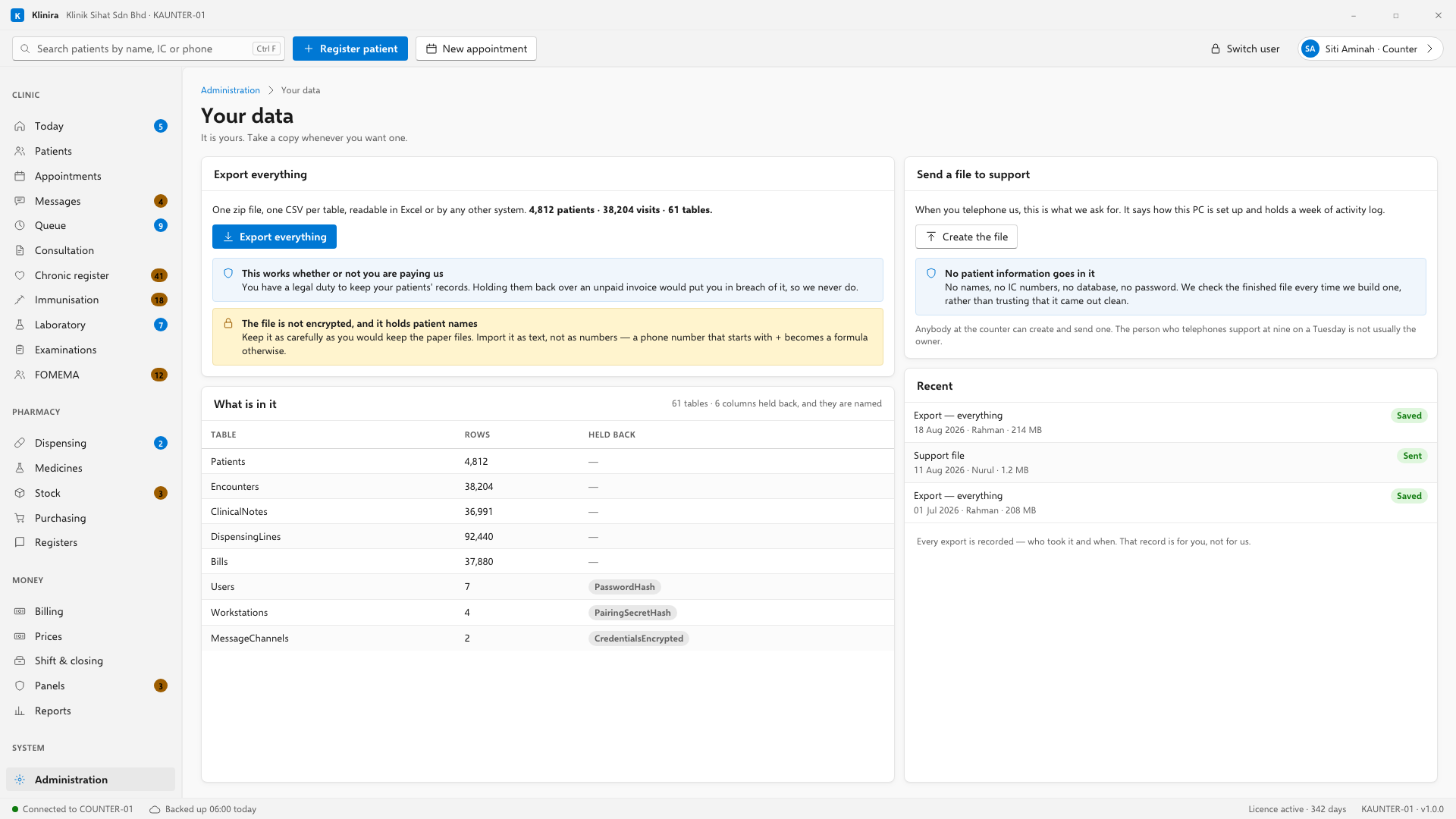 Administration, Your data. A full export of everything the clinic holds, and the diagnostic file support asks for.
