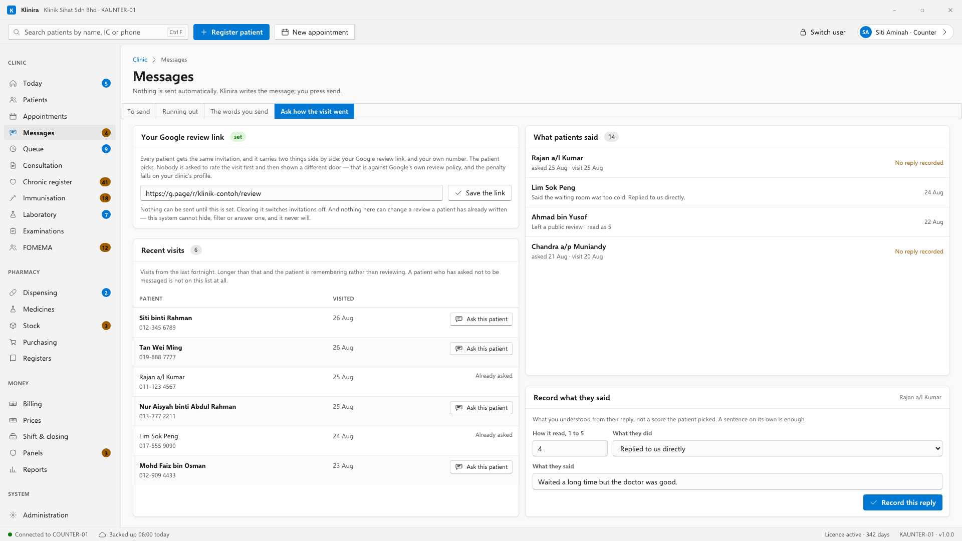Ask how the visit went. Your review link at the top, recent visits below, and what patients said on the right.