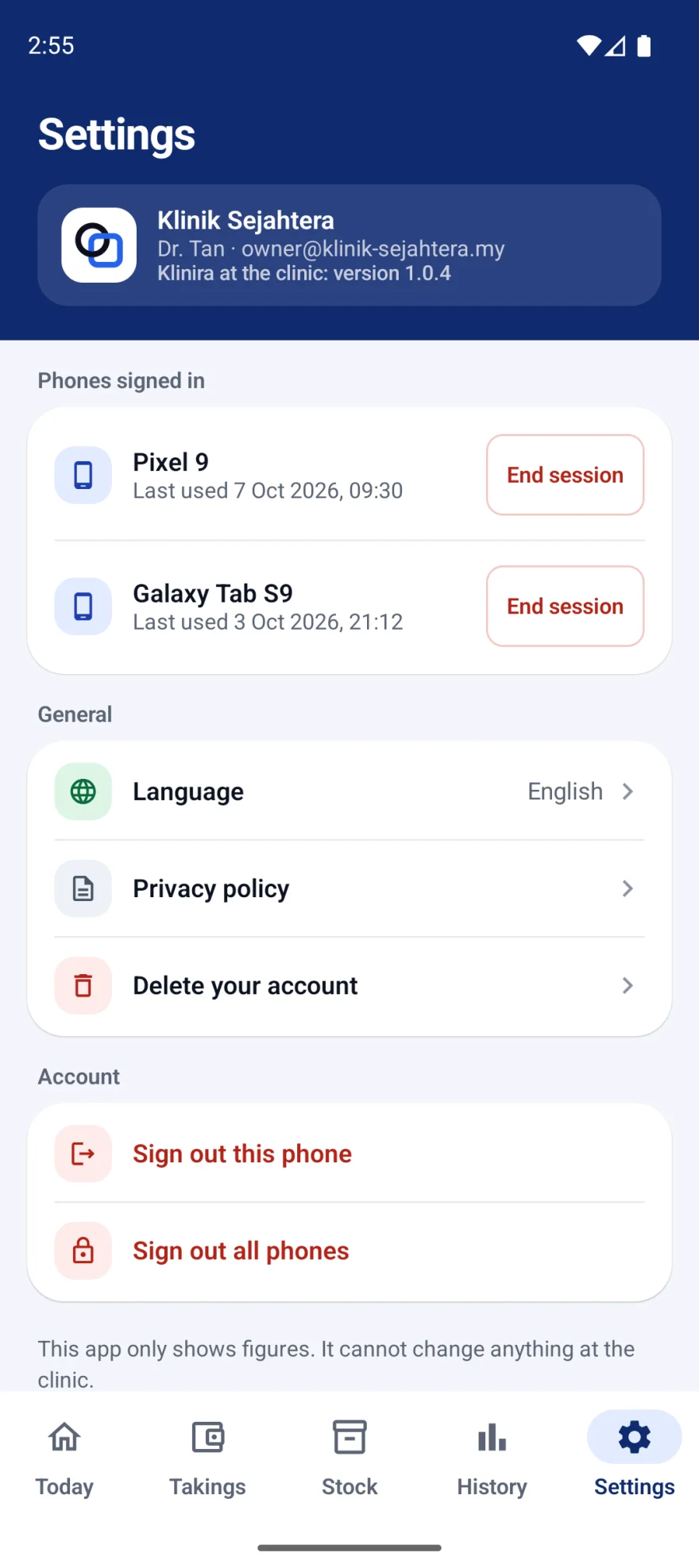 Settings. Klinik, telefon yang log masuk, bahasa, dan log keluar.