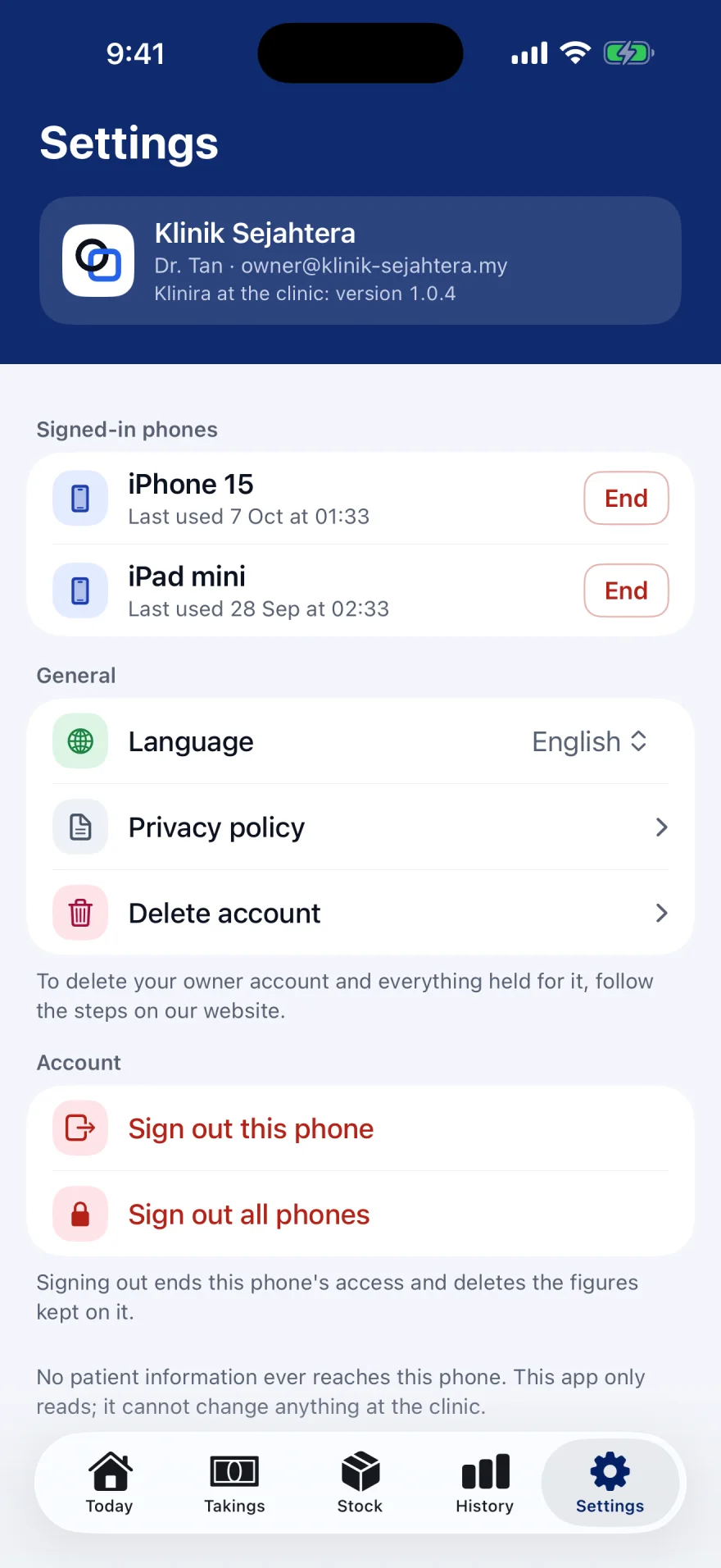 Settings. Klinik, telefon yang log masuk, bahasa, dan log keluar.